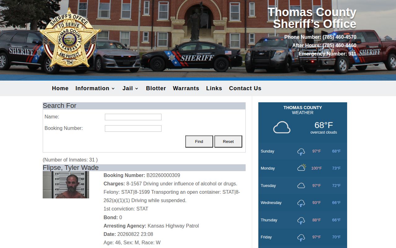 Thomas County sheriff jail roster name and booking number search controls