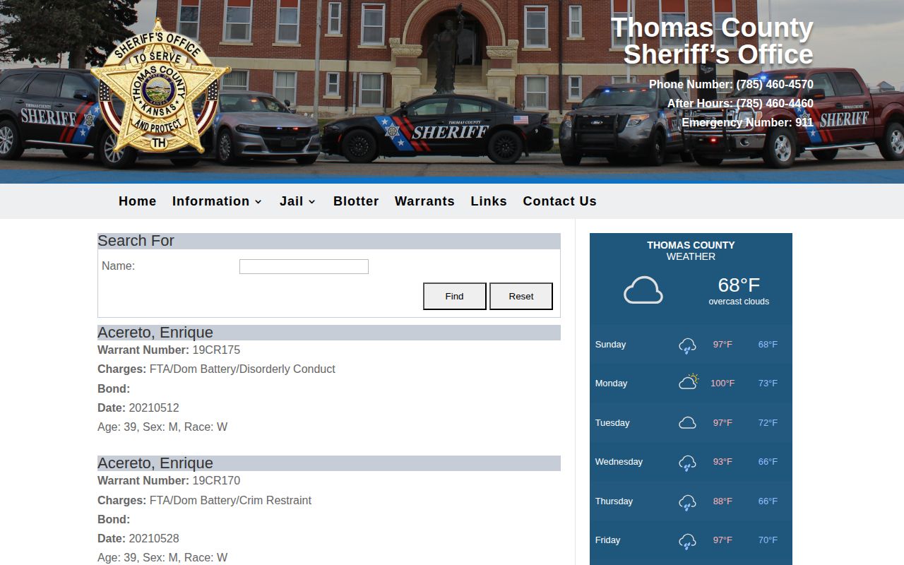 Thomas County Sheriff's Office warrant search fields for wanted records